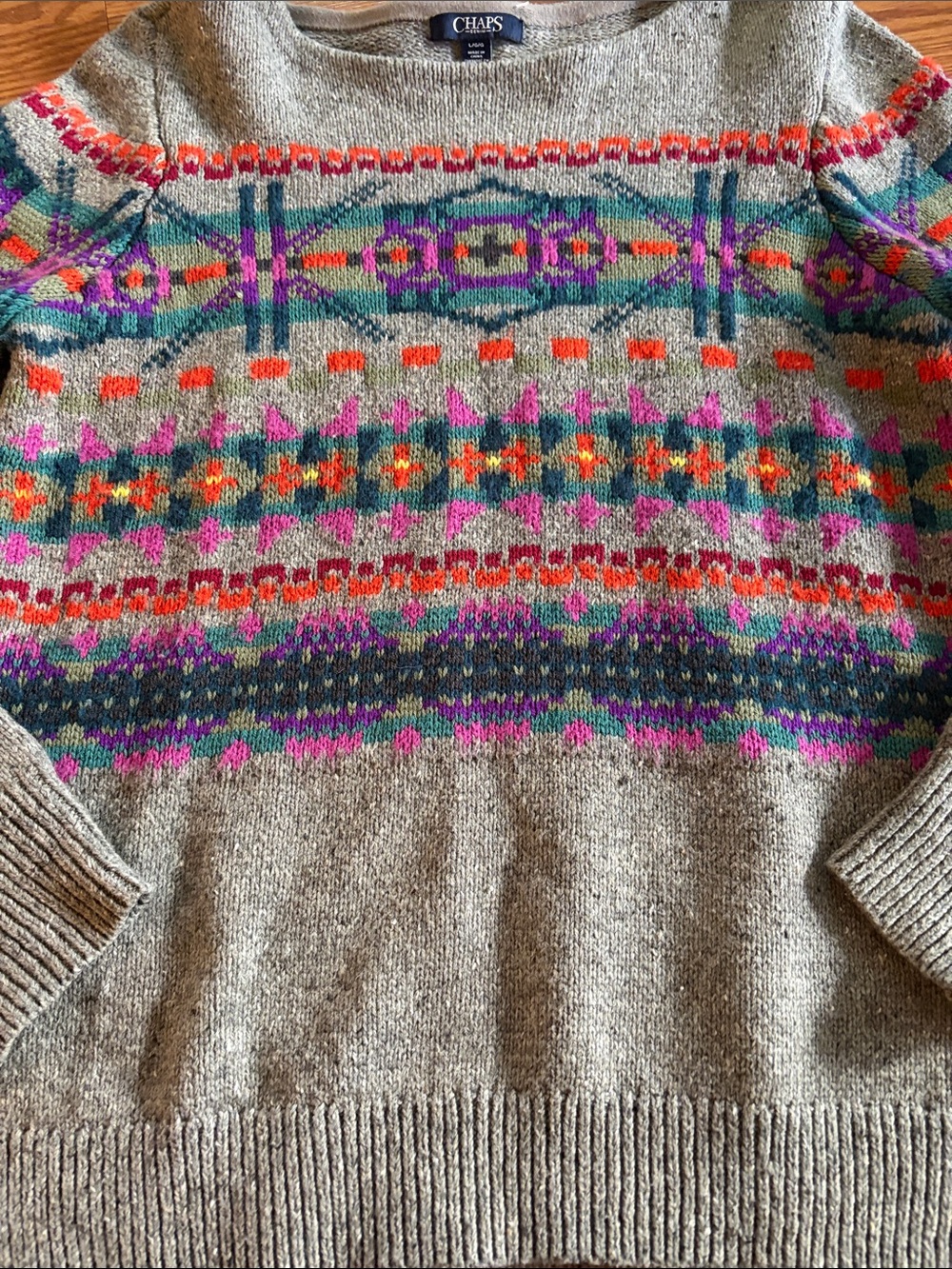 Chaps Gray Crewneck Sweater with Multicolor Fair Isle Detail